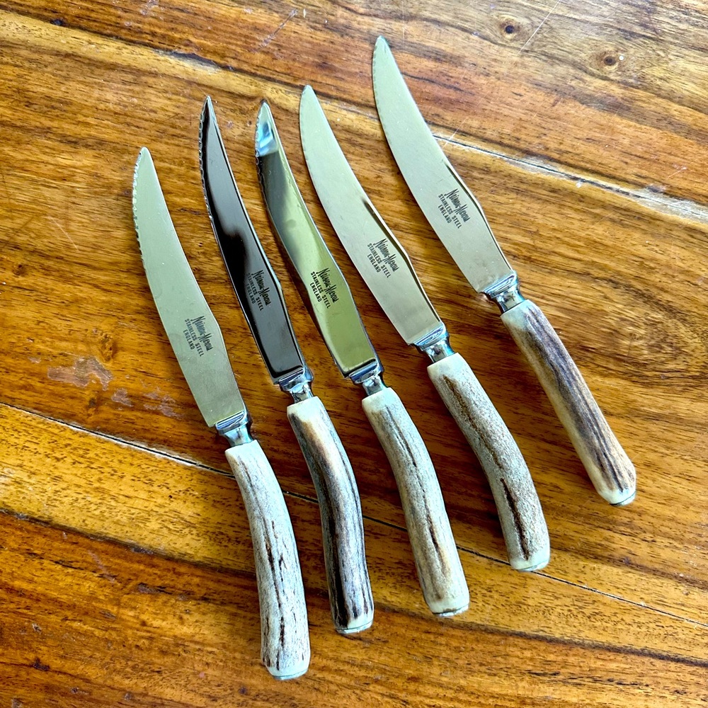 Neiman Marcus stainless steel England Stag Antler Steak Knives set of 5 (#25)